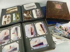 ASSORTED POSTCARDS IN FOUR ALBUMS & LOOSE IN A PHOTOGRAPHS CASE