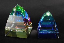 TWO SWAROVSKI PYRAMID PAPERWEIGHTS, IN GREEN (2)