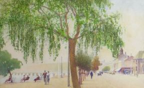H HERBERT watercolour - figures walking along tree lined avenue, entitled on adjoining label 'The