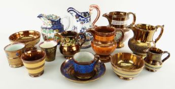 COLLECTION OF ANTIQUE ASSORTED POTTERY JUGS, mainly copper lustre, two ironstone ETC (14)