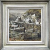 ANDREW DOUGLAS-FORBES oil on board - figures walking along harbour with moored fishing boats