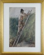 FOLLOWER OF EDWARD STOTT pastel - gardener on ladder trimming hedge, bears signature, 41 x 27cms