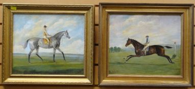 PAIR OF LATE TWENTIETH CENTURY EQUESTRIAN oil on boards - with jockeys on race horses, signed Ja.
