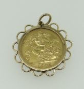 EDWARD VII 1905 GOLD HALF SOVEREIGN in 9ct gold mount, 5.2gms.