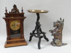 GERMAN MANTEL CLOCK / ANTLER BASE TRIPOD OCCASIONAL TABLE / SCOTTY DOG HEARTH SET (3)