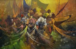 SOUTH EAST ASIAN SCHOOL acrylic on canvas - fisherman with nets, indistinctly signed, 60 x 90cms