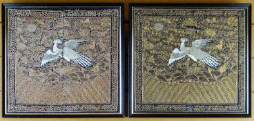 PAIR CHINESE GOLD THREAD & SILK EMBROIDERED RANK BADGES, decorated silver pheasants for the fifth