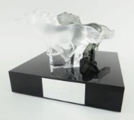 MODERN LALIQUE PAIR OF FROSTED GLASS MODELS OF GALLOPING HORSES, one clear, one black, on square