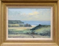 IAN HOUSTON (b.1934) oil on board - view over beach and cliffs towards the sea, entitled verso '