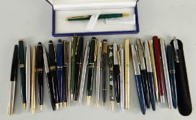 ASSORTED WRITING INSTRUMENTS including five Parker fountain pens, six Parker ball point pens, rolled