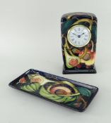 MOORCROFT 'QUEENS CHOICE' PATTERN 'FIG & PEACH' MANTLE CLOCK & PIN TRAY, circa 2000, impressed and