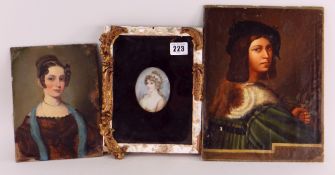19TH CENTURY OVAL PORTRAIT MINIATURE OF A LADY WITH PEARLS & LACE HEADBAND, 8cms, and two other