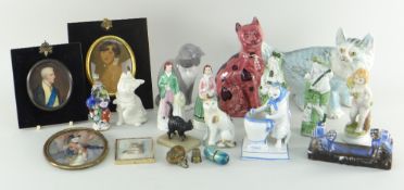 ASSORTED CAT & OTHER FIGURES and portrait miniatures (Nelson, Napoleon ETC)