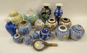 ASSORTED CHINESE PORCELAIN JARS, VASES & GREEN HARDSTONE HANDLED MIRROR