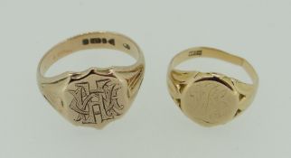 9CT YELLOW GOLD SIGNET RING together with another similar yellow metal signet ring, 11.9 grams