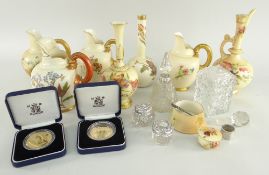 ASSORTED ROYAL WORCESTER BLUSH IVORY PORCELAIN, JUGS, VASES ETC., two silver mounted cut glass jars,