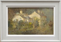 ANDREW DOUGLAS-FORBES oil on board - figure walking on pathway in front of cottages, entitled