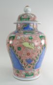 CHINESE WUCAI PORCELAIN BALUSTER JAR & COVER, in the Transitional style, base with apocryphal six