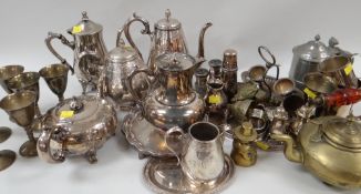ASSORTED METALWARE including brass kettle, plated coffee pots ETC