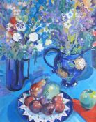 PETER GRAHAM oil on board - still life of fruit and flowers in a jug, entitled verso 'Still Life