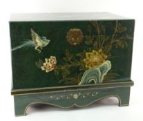MODERN CHINESE GREEN LACQUERED & PAINTED COFFER ON STAND, 56cms wide