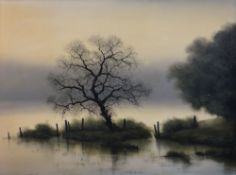 MICHAEL JOHN HILL (b.1956) oil on canvas - marsh land scene with centre tree, entitled bottom