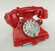 G.P.O 232 SERIES RED BAKELITE TELEPHONE CIRCA 1962, braided cord, alphabet dial, exchange drawer,