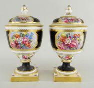 PAIR OF COPELAND'S SPODE CHINA URNS & COVERS painted with flowers by J Worrall, 20cms high (