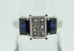 14K WHITE GOLD SIX STONE DIAMOND & SAPPHIRE RING, 4.2gms, in box