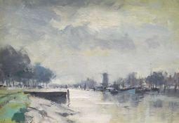 IAN HOUSTON (b.1934) oil on board - Dutch canal scene with windmill in background entitled verso '