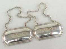 PAIR OF SILVER DECANTER LABELS ENGRAVED 'WHISKY' & 'SHERRY', Birmingham 1973, maker Hampton