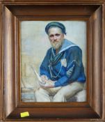 19TH CENTURY ENGLISH SCHOOL watercolour - Veteran sailor with model yacht, 27 x 22cms
