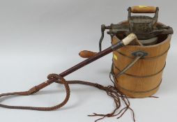 VINTAGE SWEDISH 'RELIANCE' ICE CREAM CHURN & HORSE WHIP (2)