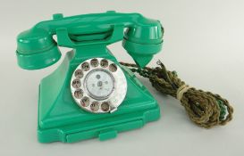 G.P.O. 232-SERIES EMERALD GREEN BAKELITE TELEPHONE CIRCA 1962, braided cord, alphabet dial, exchange