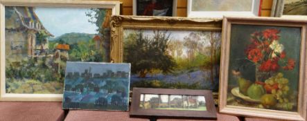 ASSORTED OIL PAINTINGS including early 20th Century school of bluebell wood, indistinctly signed, 34