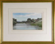 JOSEPH KNIGHT RI, RCA, ARPE (1837 - 1902) watercolour - river scene with high embankment, signed, 12