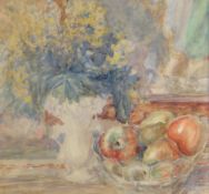 G STANISLAV SHULTZ watercolour - still-life of cut flowers in a vase with bowl of fruit on