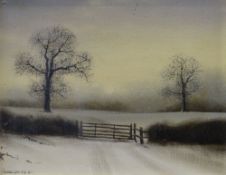 MICHAEL JOHN HILL (b.1956) oil on board - winter scene with gate and two trees, signed and dated