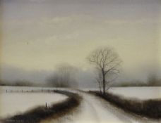 MICHAEL JOHN HILL (b.1956) oil on board - winter scene with track and trees, signed, 18.5 x 24cms