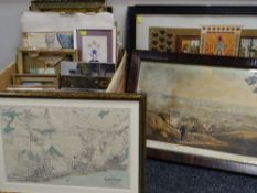 ASSORTED PICTURES including unframed oils, 20th Century sketches and printed plan map of Hastings