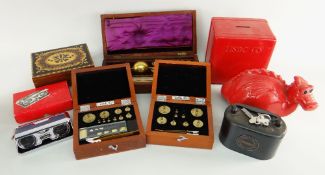 ASSORTED COLLECTABLES including three novelty toy money banks, music box, boxed Hydrometer, two