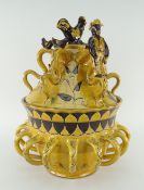 MODERN EWENNY SLIPWARE WASSAIL BOWL & COVER BY CAITLIN JENKINS, 16 handles, cover modeled with