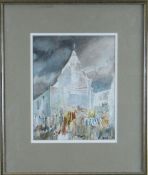 TOM GAMBLE (B.1924) watercolour - ruined Church, signed, 27 x 21cms