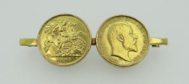 PAIR OF EDWARD VII GOLD HALF SOVEREIGNS ON YELLOW METAL BAR BROOCH, both dated 1907, together with