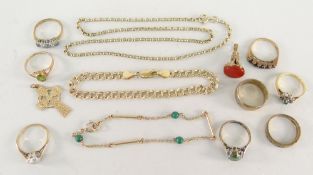 ASSORTED 9CT YELLOW GOLD JEWELLERY to include eight various stone set rings, Celtic pendant, fob and