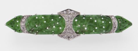 WHITE METAL PIERCED JADE & DIAMOND CHIP OBLONG BROOCH, believed 18ct white gold and platinum, 6cms