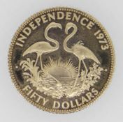 BAHAMAS ELIZABETH II GOLD FIFTY DOLLARS INDEPENDENCE COIN DATED 1973 in box and believed to be 12