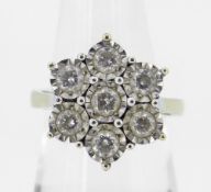 9CT YELLOW GOLD SEVEN STONE DIAMOND ILLUSION SET CLUSTER RING, 5.8 grams. Condition Report: