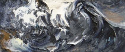 MAGGI HAMBLING (B.1945) oil on panel - storm wave, 7.5 x 17.3cms, signed and titled verso and