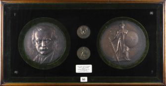 FRANK BOWCHER case presented pair of bronze medallions and similar miniatures - to commemorate David